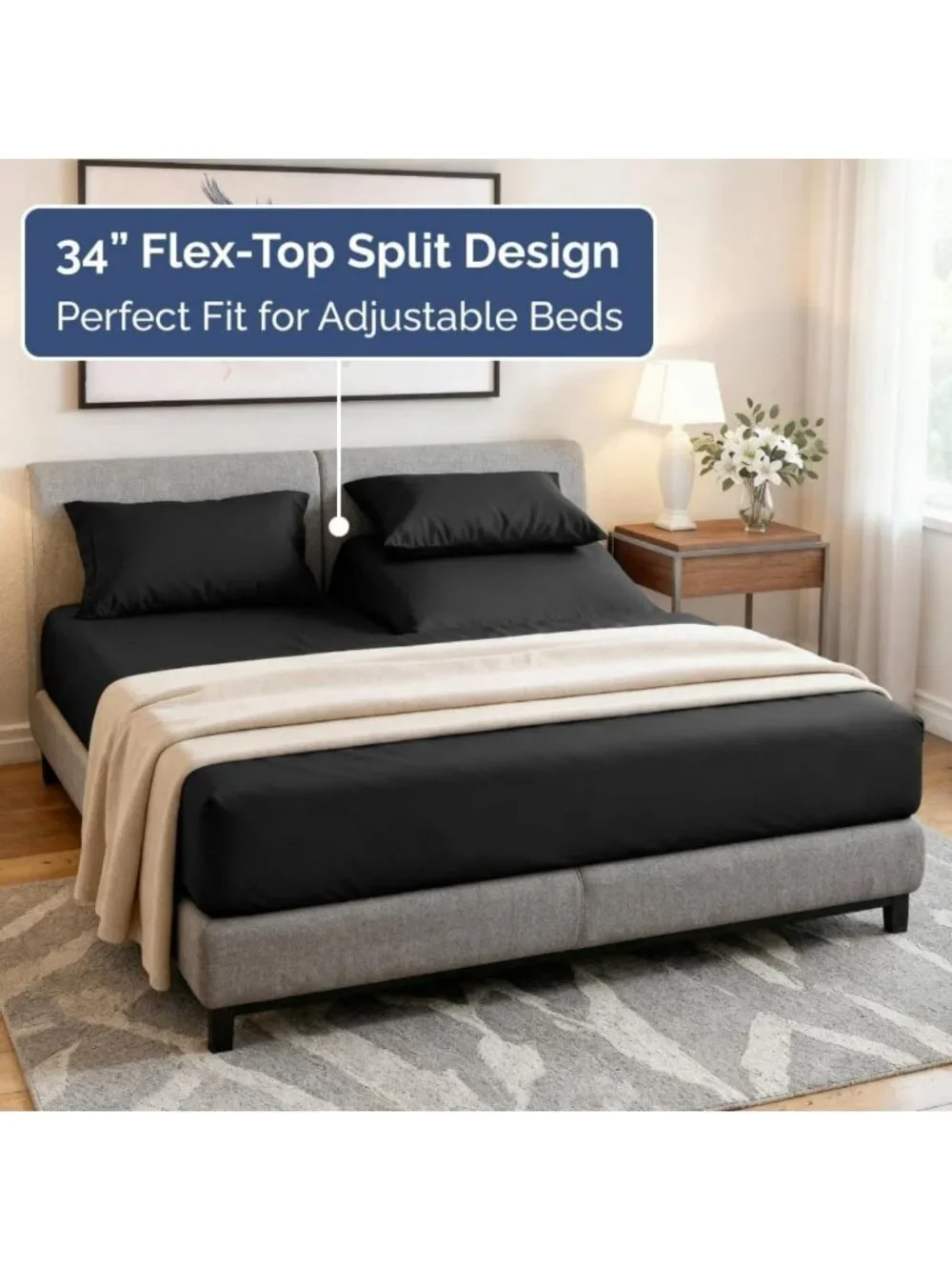 Ultra-Soft Black Split Head King 4-Piece Sheet Set - Breathable & Cozy Bedding
